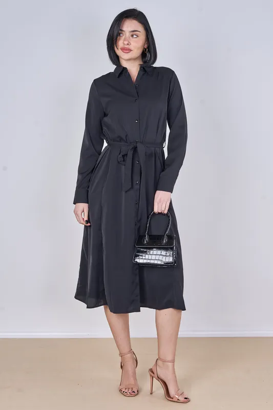 Black Plain Belted Midi Shirt Dress - Love Sunshine