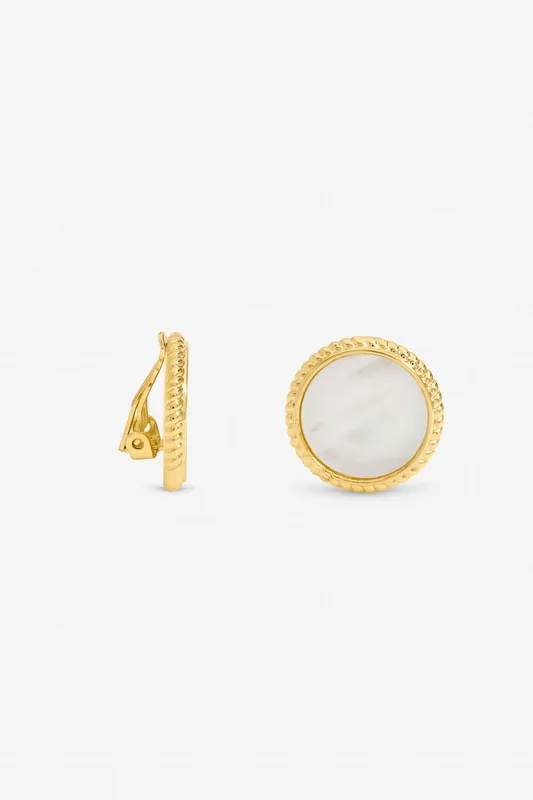Gold Plated and Mother of Pearl Round Clip Earrings - Jon Richard