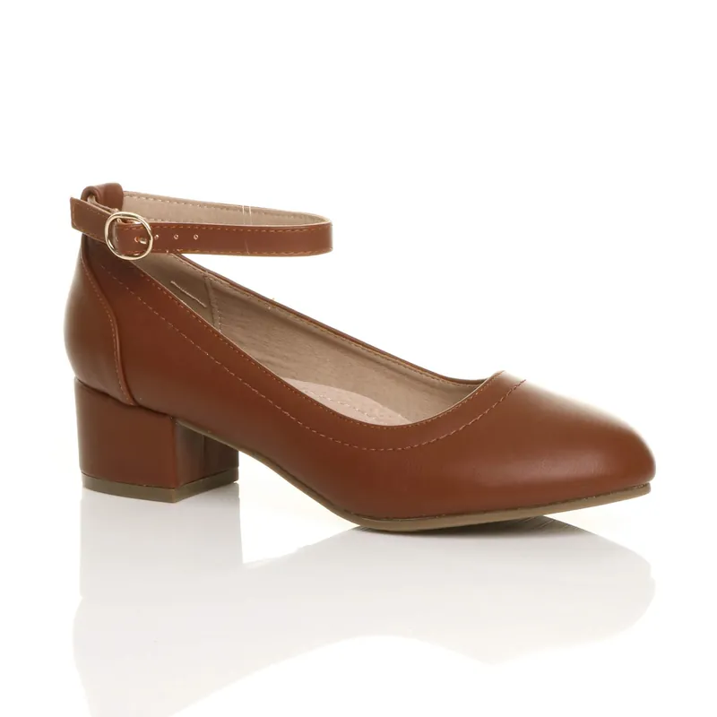 Low Block Heel Ankle Strap Court Shoes - AJVANI