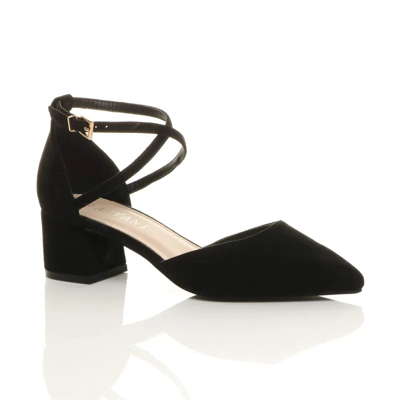 Mid Block Heel Crossed Strap Pointed Toe 2 Part Heels - AJVANI