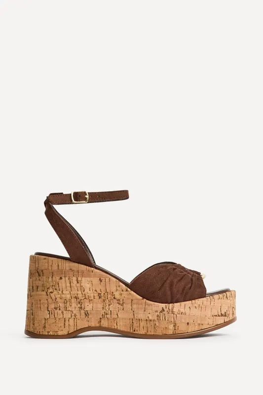 Saxon Brown Suede Wedge Sandals - Linzi
