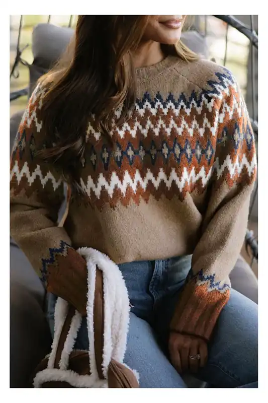 Khaki Aztec Print Colorblock Crew Neck Sweater - Everyday The Label