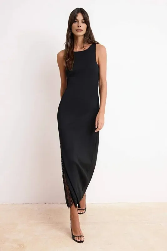 Crew Neck Sleeveless Bodycon Maxi Dress with Lace Detail - WOVCOR