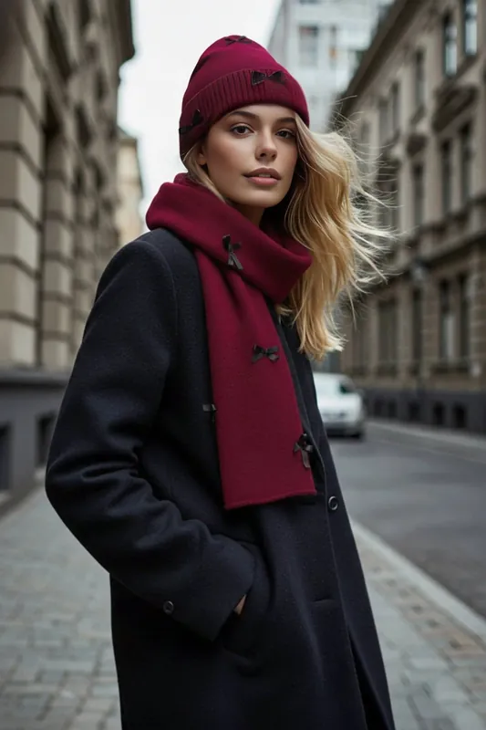 Ribbon Bow Detail Knit Scarf and Beanie Set - WOVCOR