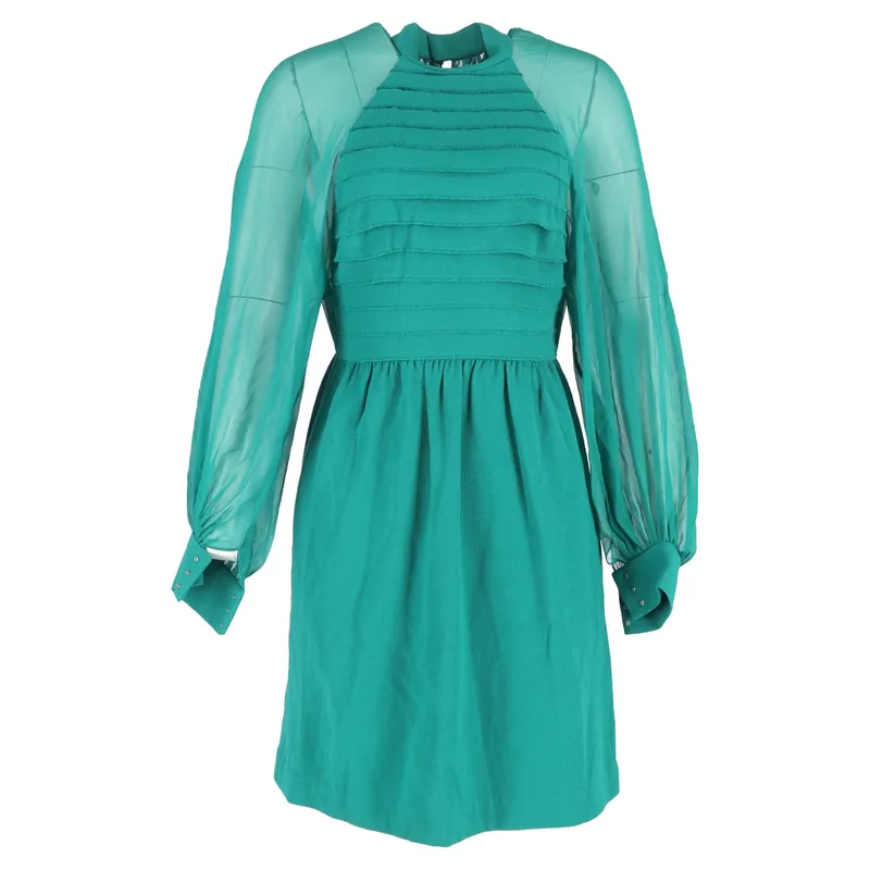 Preloved 3.1 Sheer-Accent Knee-Length Dress in Green Wool and Silk