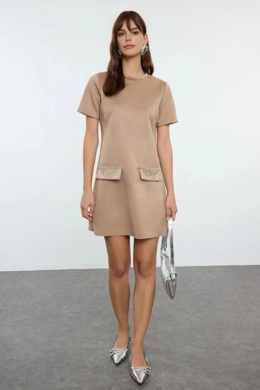 Crew Neck Mini Suede Knit Dress Stone Detail - WOVCOR
