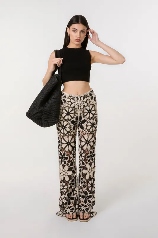 Black Crochet Pants With Flower Pattern - Pink Vanilla