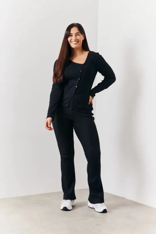 Black Brushed Rib Fit and Flare Trouser - In The Style