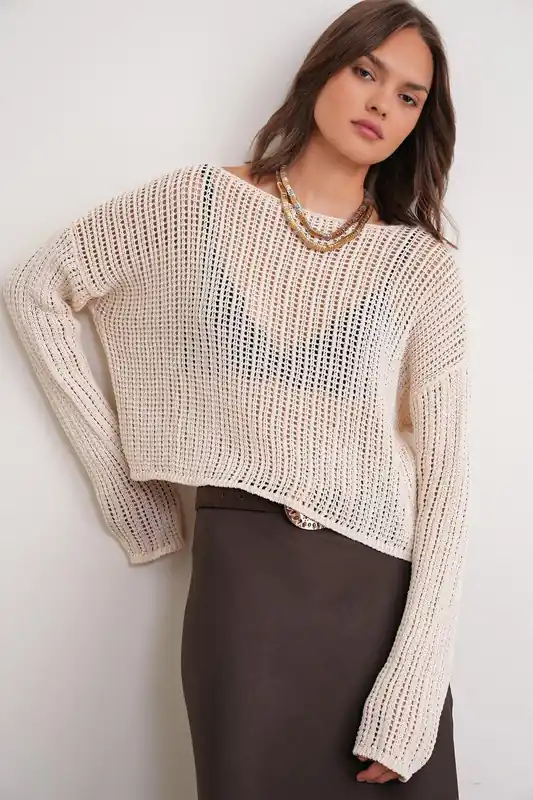 Openwork Boat Neck Crop Knit Top - MixRay