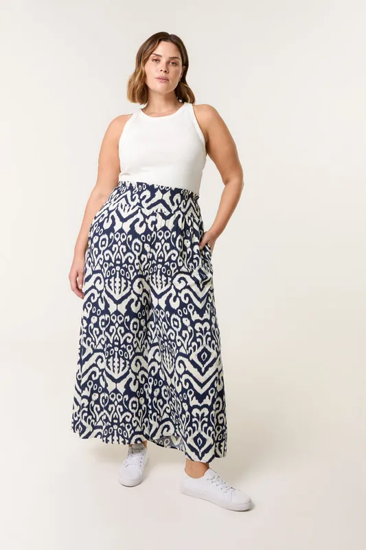 Navy Curve Abstract Printed Wide Leg Trousers - Blue Vanilla