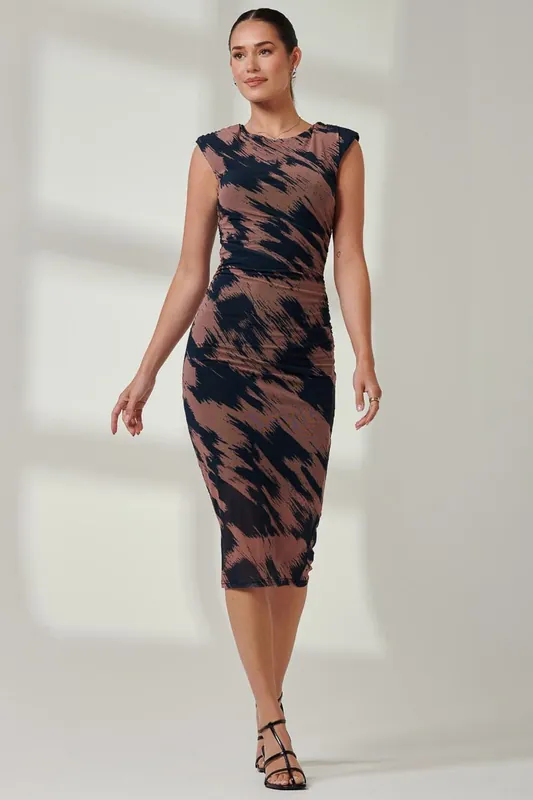 Mesh Shoulder Pad Bodycon Midi Dress - Jolie Moi