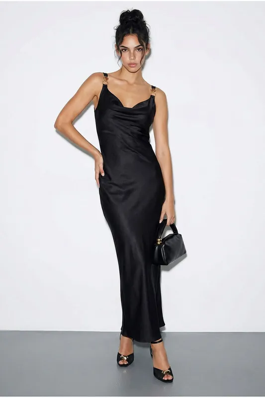 Sleeveless Satin Maxi Slip Dress with Cowl Neck and Accessory Detail - Bianco Lucci