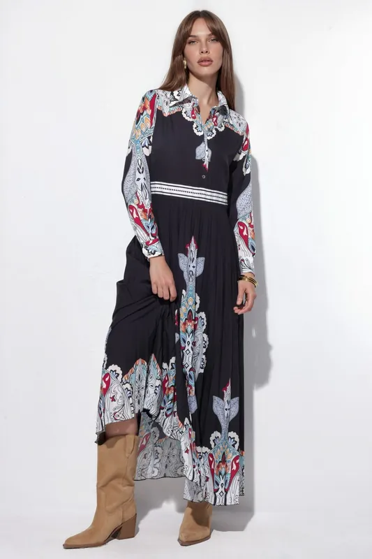 Patterned Long Woven Maxi Dress - MSN Collection
