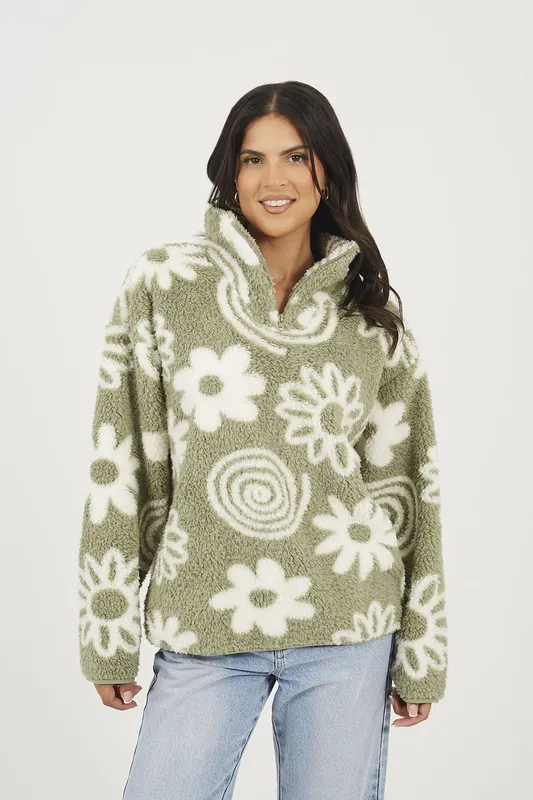 Quarter Zip Flower Print Sherpa Fleece - Brave Soul