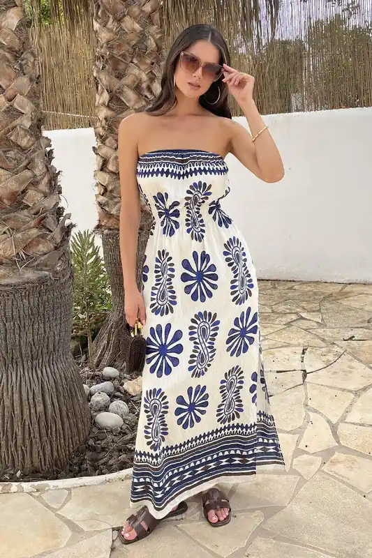 Navy Boho Border Print Strapless Shirred Waist Midi Dress - AX Paris