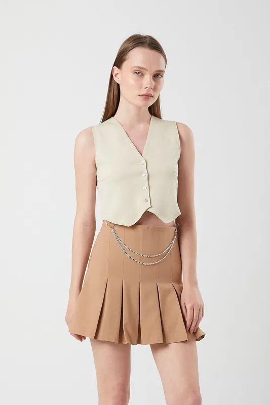 High Waist Pleated Mini Skirt with Chain Detail - MixRay