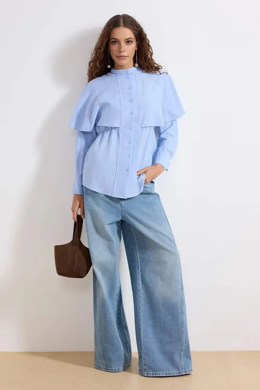 Cape Overlay Button Front Long Sleeve Cotton Poplin Shirt - WOVCOR