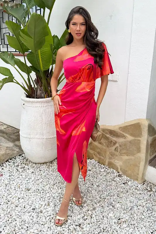 Pink And Orange Floral Print One Sleeve Wrap Midi Dress - AX Paris