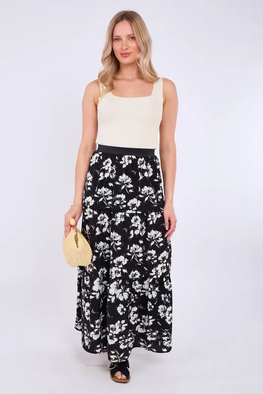 Mono Floral Print Tiered Maxi Skirt - Love Sunshine