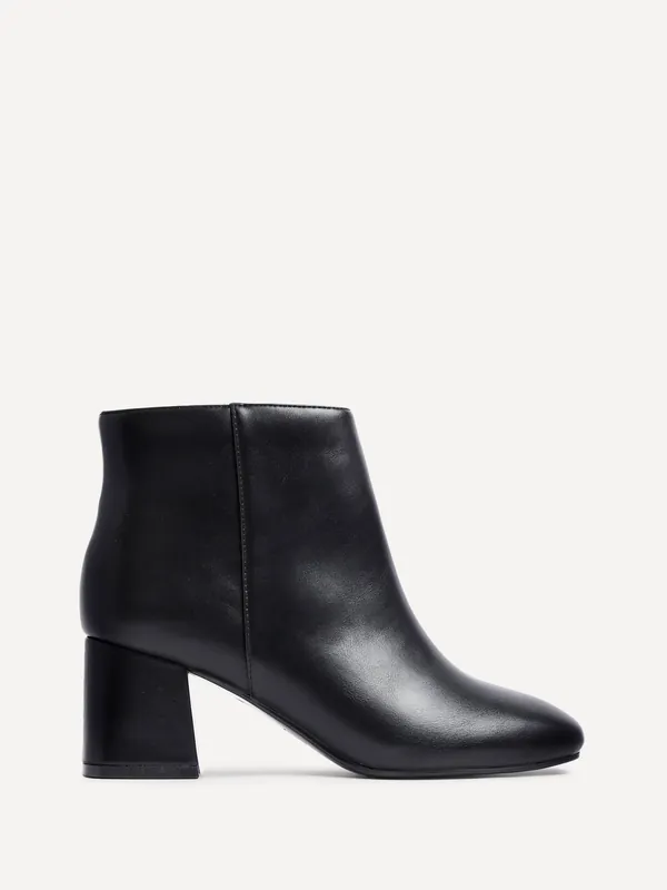 Alba Wide Fit Black Faux Leather Block Heeled Ankle Boot - Linzi