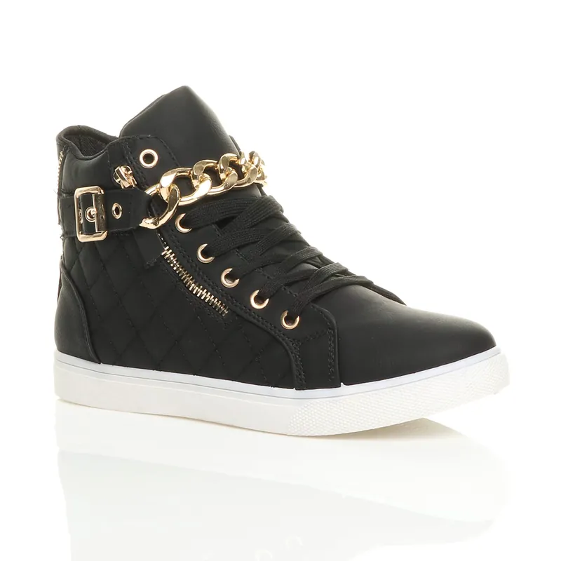 Low Heel Gold Chain Lace Up Trainers Faux Leather Hi Tops - AJVANI