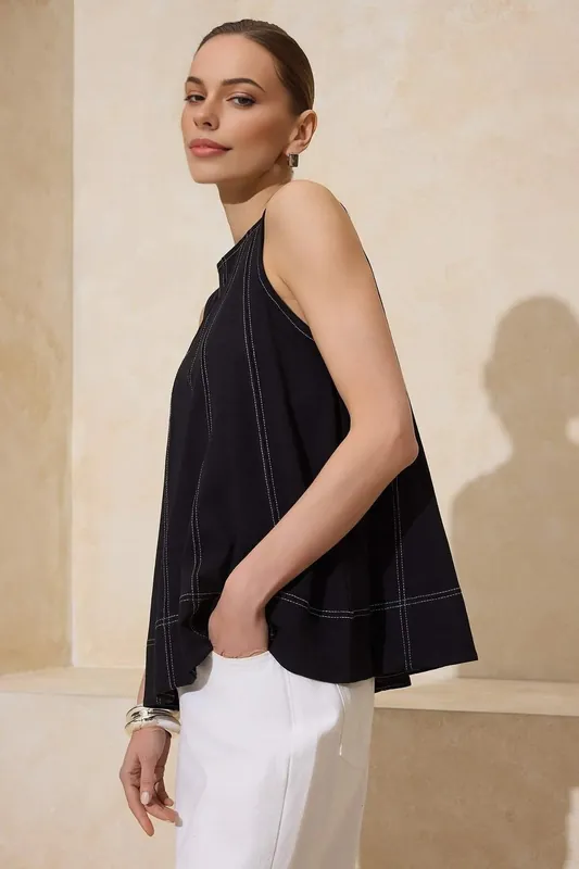 Relaxed Crew Neck Sleeveless Stitched Detail Knitted Blouse - WOVCOR