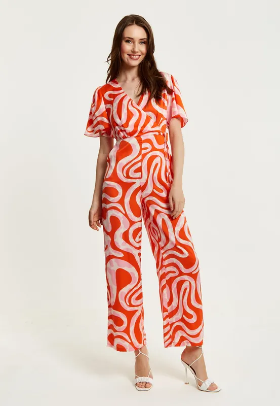Pink And Red Abstract Print Jumpsuit With Short Sleeves - Liquorish