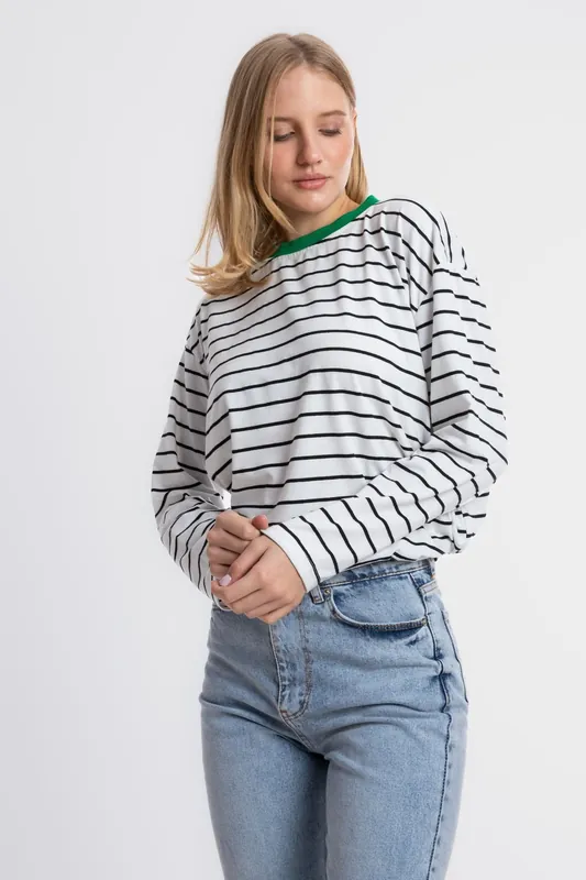 Striped Crew Neck Relaxed Sweatshirt with a Neck Detail - Hiccup
