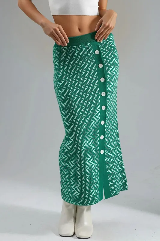 High Waist Geometric Knit Maxi Skirt with Button Closure - MyFashion