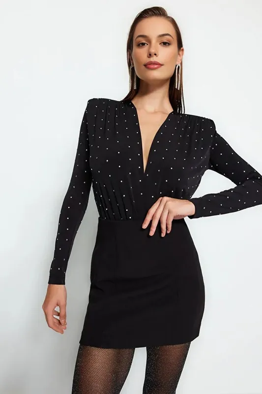 Long Sleeve Plunge Bodysuit with Stone Embellishment - WOVCOR