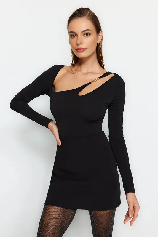 Asymmetric Cut Out Fitted Knit Bodysuit with Hardware Detail - WOVCOR