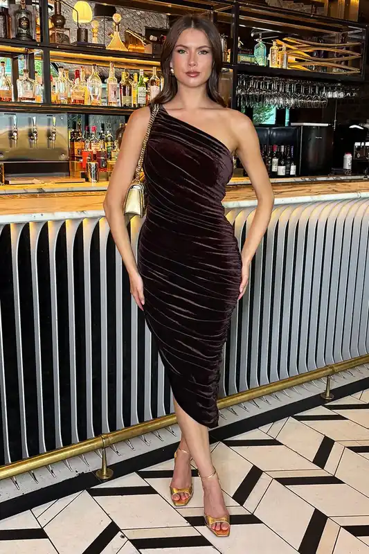 Chocolate Velvet One Shoulder Ruched Midi Dress - AX Paris
