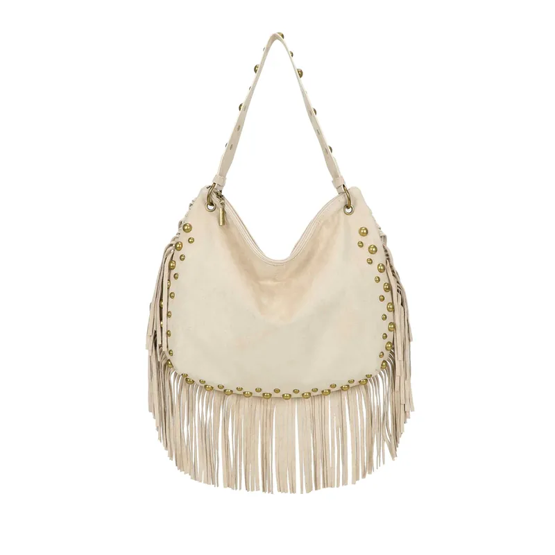 Faux Suede Fringed Studded Crossbody Shoulder Bag - Kitise