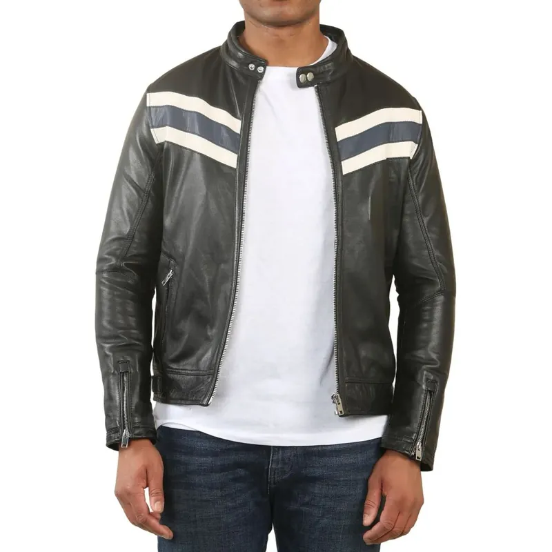 Racer Striped Biker Leather Jacket - TruClothing