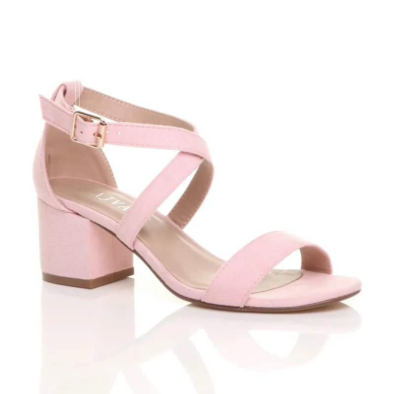 Mid Block Heel Crossed Straps Sandals - AJVANI