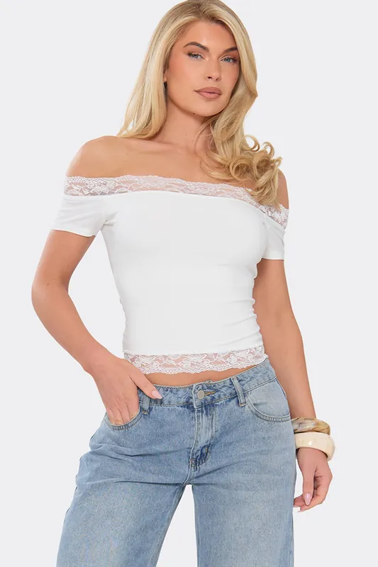 Short Sleeve Off The Shoulder Lace Trim Top - EGO