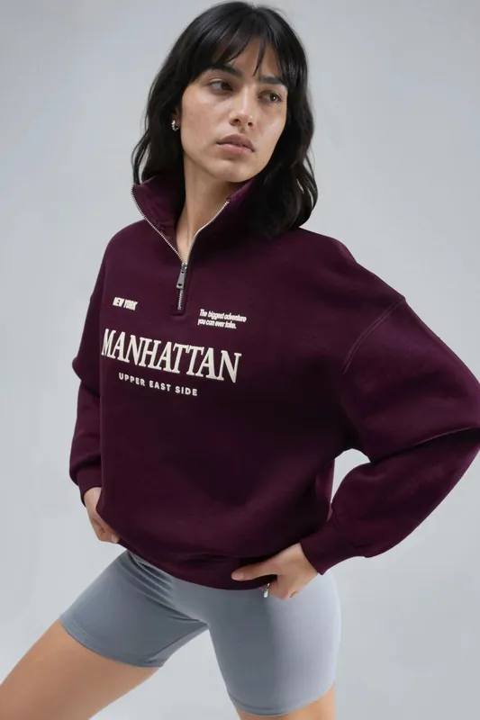 Oversized Text Print Zipper Collar Sweatshirt - Busem