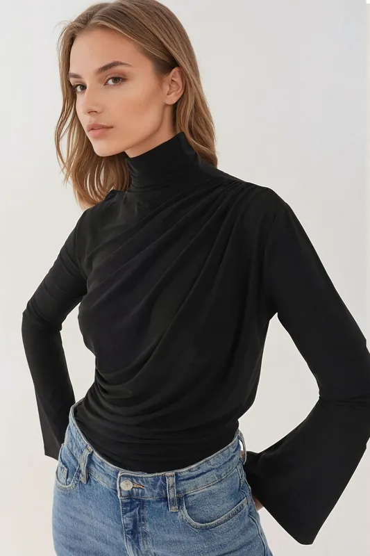 Draped Half Turtleneck Long Sleeve Slim Fit Top - Hiccup