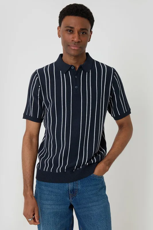 Textured Stripe Knitted Polo - Threadbare