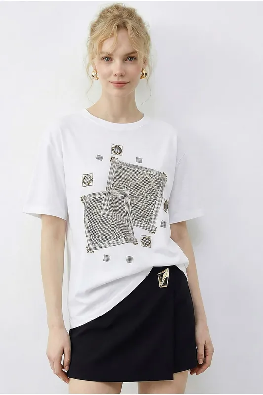 Crew Neck Geometric Sequin Printed T-Shirt