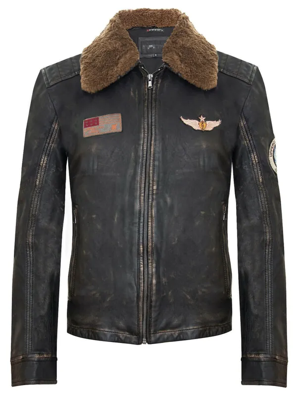 Badged Vintage Leather Bomber Jacket-Tunis