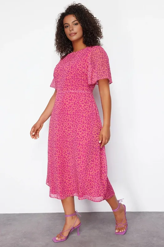 Animal Print Short Sleeve Midi Dress - WOVCOR