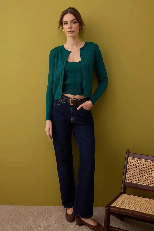 Striped Knit Two Piece Crop Top And Cardigan Set - WOVCOR