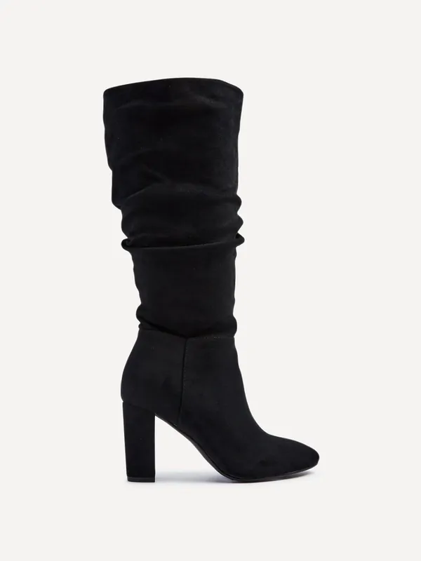 Aura Black Faux Suede Ruched Knee High Heeled Boot - Linzi