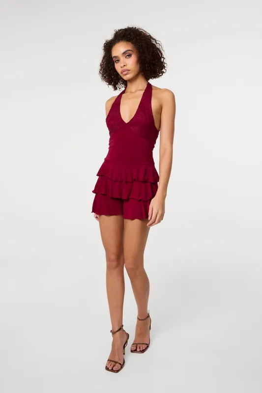 Wine Lace Ruffle Playsuit - Pink Vanilla