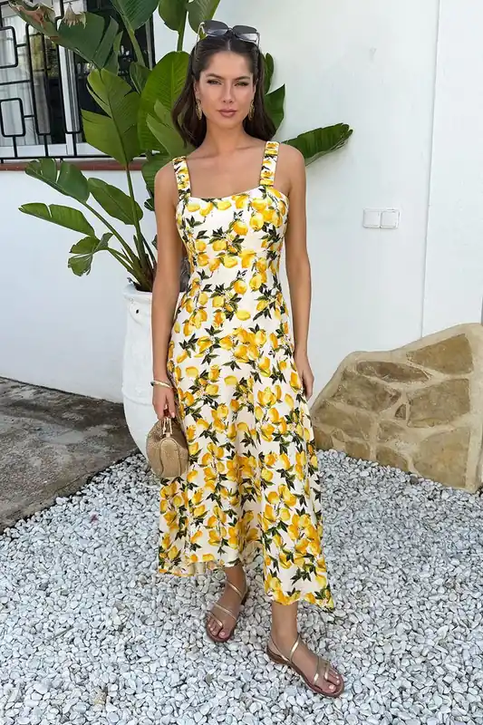 Cream Lemon Print Shirred Straps Button Detail Midi Dress - AX Paris