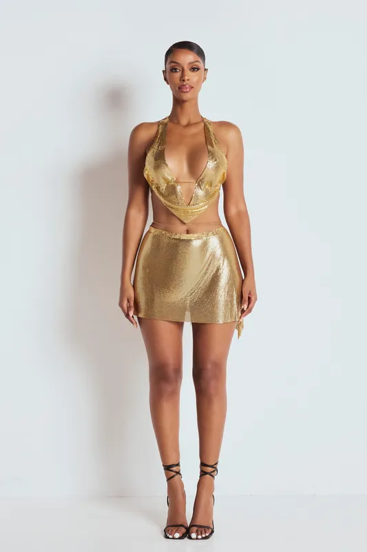 The Calandra Chainmail Mini Skirt Gold - LEMONLUNAR