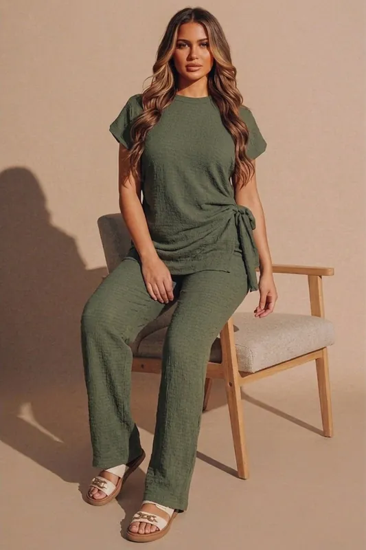 Tie Side Relaxed Fit Top And Wide Leg Trousers - Femme Luxe