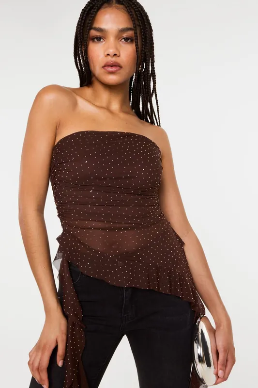 Brown Asymmetric Diamante Bandeau Top - Pink Vanilla