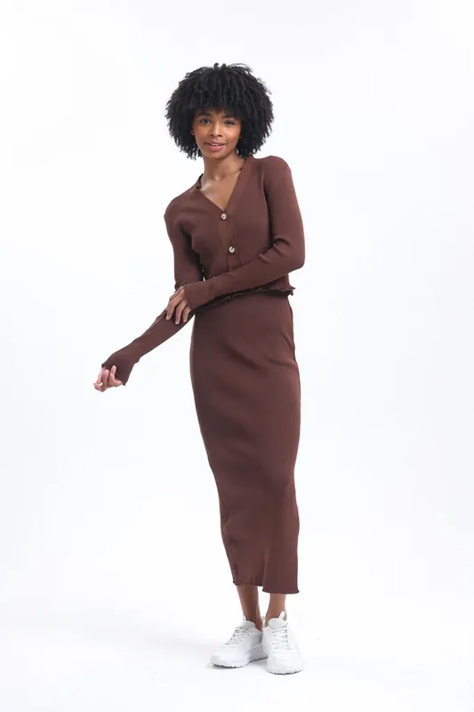 V Neck Cardigan, Cropped Tank Top & High Waist Maxi Skirt Set - Hiccup